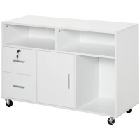 HOMCOM Lateral Filing Cabinet with Open Storage Shelf, Printer Stand Home Office Mobile File Cabinet with Wheels, Lockable Drawer, White(m-11)