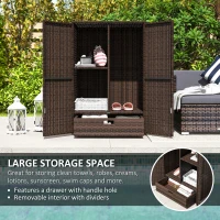 Outsunny Outdoor Storage Cabinet with Shelves, Rattan Pool Towel Storage Cabinet with Removable Shelf & Drawer, Mixed Brown(m-4)