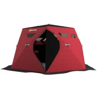 Outsunny 4 Person Insulated Ice Fishing Shelter, Pop-Up Portable Ice Fishing Tent with Carry Bag and Two Doors for -22℉, Red(m-2)