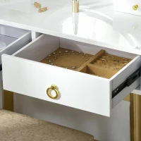 HOMCOM Makeup Vanity Table Set with Round Mirror, Built-in 3 Color LED Light, Dressing Desk with 4 Drawers and Cushioned Stool for Bedroom, White(m-9)