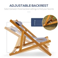 Outsunny 2-Person Sling Chair, Reclining Double Lounger for Patio, Beach, Camping, Lawn, Wood Folding Chair with Recliner Design for 2 Adults, White & Gray Stripes(m-4)