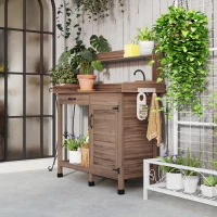 Outsunny Potting Bench Table with Sink, Outdoor Work Bench Table with Storage Cabinet, Hooks, Removable Sink, Faucet and Drawer for Greenhouse, Garden, Patio, Dark Brown(m-7)