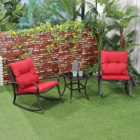 Outsunny 3 Pieces Patio Wicker Rocking Chairs Table Set, Outdoor PE Rattan Furniture with 2 Rockers & 1 Coffee Table w/ Padded Cushions for Deck, Backyard, Garden, Red(m-1)