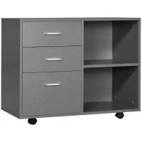 HOMCOM Modern Lateral Filing Cabinet, 3 Drawer File Cabinet for Letter and A4 Size Documents, Mobile, Printer Stand with Open Shelves, Rolling Wheels, Grey(m-11)