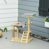 PawHut 25.5" Cat Tree Kitty Activity Center Pinewood Cat Climbing Toy Indoor Outdoor Pet Furniture with Jute Scratching Post Bed Perch Hanging Toy Ladder Cushion Natural(m-8)