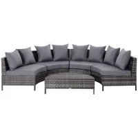 Outsunny 5PC Patio Furniture Set Outdoor Garden Rattan Wicker Sofa Cushioned Half-Moon Seat Deck with Pillow, Table, Grey(m-11)