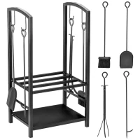 HOMCOM 16" 2-Tier Firewood Log Rack with 4 Tools, Fireplace Wood Storage Holder with Shovel, Broom, Poker, Tongs and Hooks, Black(m-2)