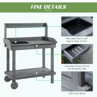 Outsunny 36" Wooden Potting Bench Work Table with 2 Removable Wheels, Garden Workstation with Removable Sink, Drawer & Large Storage Spaces, Gray(m-5)