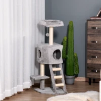 PawHut 47" Tall Cat Tree Tower with Condo, Ladder, Scratching Posts and Hanging Ball, Light Grey(m-8)
