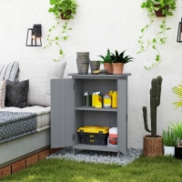 Outsunny Outdoor Storage Cabinet, Wooden Garden Storage Shed with 2-Tier Shelves, Metal Tabletop and Magnetic Doors, Grey
