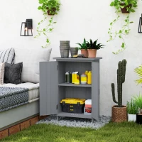 Outsunny Outdoor Storage Cabinet, Wooden Garden Storage Shed with 2-Tier Shelves, Metal Tabletop and Magnetic Doors, Grey(m-1)