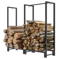 Outsunny 4ft Firewood Rack with Dual Space and Lock Rings, Steel Log Holder for Outdoor Indoor, Black(m-2)
