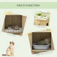 PawHut 3-in-1 Cat Litter Box Furniture Hidden, Cat Cabinet Bed, End Table with Rattan, Kitty Bed with Plush Foam Cushion, Modern Cat Bedding House with End Table Use, Oak(m-4)