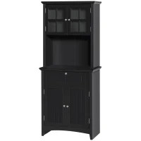 HOMCOM 64.6" Tall Kitchen Pantry Storage Cabinet with Microwave Stand, Freestanding Buffet Cabinet with Hutch, Glass Doors, Drawer and Adjustable Shelves, Black(m-11)