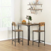 HOMCOM 3 Piece Pub Table and Chairs, Small Kitchen Table and Chairs, Square Dining Table with 2 Stools, Rustic Brown and Black(m-2)