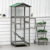 PawHut 65" Wooden Bird Cage Outdoor Aviary House for Parrot, Parakeet, with Pull Out Tray and 2 Doors, Grey(m-8)