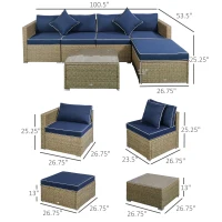 Outsunny 6 Piece Patio Furniture Set Outdoor Wicker Conversation Set All Weather PE Rattan Sectional Sofa Set with Ottoman, Cushions and Tempered Glass Table, Mixed Yellow and Navy Blue(m-3)