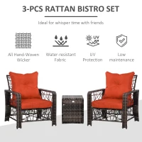 Outsunny 3 Pieces Wicker Patio Furniture Set, Rattan Bistro Set with Storage Coffee Table and Thickened Cushions, Outdoor Conversation Set for Garden, Porch, Balcony, Red(m-7)