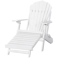 Outsunny Folding Adirondack Chair, Muskoka Chair with Pull-out Footrest, Outdoor Wooden Fire Pit Lounger for Patio, Porch, Poolside, Garden, White(m-11)