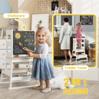 Qaba 2 in 1 Toddler Tower Kitchen Helper w/ Chalkboard, Safety Rail, for Counter, Bathroom, Sink, Kitchen, White(m-5)