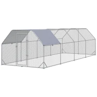 PawHut Chicken Run, Galvanized Large Metal Chicken Coop Cage, Walk-in Enclosure Poultry Hen Run House Playpen Rabbit Hutch with Flat Roof, Cover, 9.2' x 24.9' x 6.5', Silver(m-11)