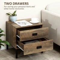 HOMCOM Nightstand with Storage, Retro Bedside Table, Side Table with 2 Drawers, Steel Frame for Bedroom, Coffee(m-5)
