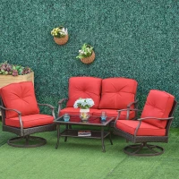 Outsunny 4 PCS Patio PE Rattan Wicker Sofa Set Outdoor Conversation Furniture w/ Two Tier Tea Table & Cushions, Red(m-11)