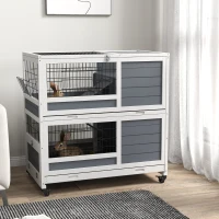 PawHut 2-Tier Indoor Rabbit Hutch Rabbit Cage with Wheels, Feeding Trough, Gray(m-2)