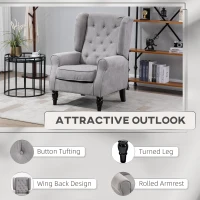 HOMCOM Mid-Century Modern Accent Chair, High Wingback Reading Chair, Button-Tufted Upholstered Fabric Armchair with Retro Wood Legs for Apartment, Living Room, Bedroom, Gray(m-4)