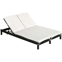 Outsunny Wicker Double Chaise Lounge Chair Outdoor Recliner 2 Person Rattan Patio Reclining Sunbed Furniture Cushioned w/Adjustable Backrest, Cream White(m-11)