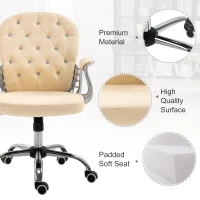 Vinsetto PU Leather Home Office Chair, Button Tufted Desk Chair with Padded Armrests, Adjustable Height and Swivel Wheels, Beige(m-5)