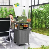 Outsunny Outdoor Grill Cart with Stainless Steel Top, Solid Wood Outdoor Kitchen Island with Wheels, Integrated Hole, Dark Gray(m-2)
