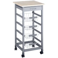HOMCOM Mobile Kitchen Cart, Rolling Kitchen Island with Storage, Solid Wood Frame Utility Cart with Wire Fruit Baskets and Drawer, Gray(m-1)