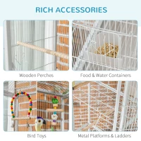PawHut 71" Bird Cage with Wheels Perches, Ramp, Storage Shelf, Toys for Canaries, Finches, Cockatiels, Parakeets, White(m-5)