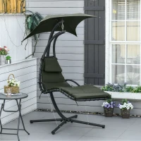 Outsunny Floating Chaise Lounge Outdoor Porch Swing Chair Hanging Hammock Reclining Seat  w/ Arc Stand & Canopy Umbrella Charcoal Grey(m-1)