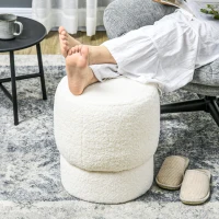 HOMCOM Round Ottoman, Upholstered Foot Stool, Teddy Fleece Fabric for Living Room, Entryway, White(m-6)