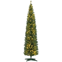 HOMCOM 8ft Pencil Christmas Tree, Slim Artificial Christmas Tree with Realistic Branches and Warm White LED Lights, Green(m-11)