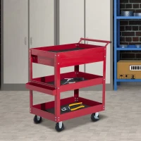 HOMCOM 3-Tier Rolling Tool Cart with Drawer and Side Box, 132 LBS Capacity Steel Utility Cart, Mobile Service Tool Organizer for Garage, Warehouse, Workshop, Red(m-8)