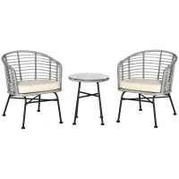 Outsunny 3 Piece Patio Bistro Set, PE Rattan with Cushioned Barrel Chairs & Glass Coffee Table, Conversation Set, Cream White(m-1)