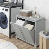 HOMCOM Tilt-Out Laundry Storage Cabinet, Bathroom Storage Organizer with Two-Compartment Tilt Out Hamper, Grey(m-8)