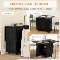 HOMCOM Extendable Dining Table, Drop Leaf Table with 2 Drawers, Cabinet and 6 Wheels for Small Spaces, Kitchen, Black Wood Grain(m-4)