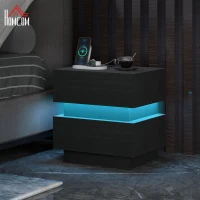 HOMCOM Bedside Table with Charging Station and LED Light Modern Nightstand with USB Ports AC Outlets Drawers Remote, Black(m-1)