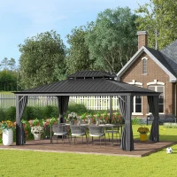 Outsunny 12' x 16' Hardtop Gazebo with Curtains and Netting, Permanent Pavilion Metal Double Roof Gazebo Canopy with Aluminum Frame and Hooks, for Garden, Patio, Backyard, Gray(m-10)
