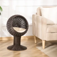 PawHut Elevated Cat Bed with Rotatable Egg Chair Pod, Cat Basket Bed with Thick Cushion, Natural Mat Grass Woven Kitty House, Coffee(m-7)