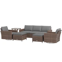 Outsunny 6-Piece Rattan Patio Furniture Set with 3-Seater Sofa, Swivel Rocking Chairs, Footstools, 2 Tier Table, Mixed Brown(m-1)
