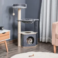 PawHut Cat Tree, Multi-Level Cat Tower with Cat Scratching Post, Perch, Cat Condo, Hammock, Hanging Toy Ball, Grey(m-1)