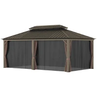 Outsunny 12' x 20' Hardtop Gazebo with Curtains and Netting, Permanent Pavilion Metal Double Roof Gazebo Canopy with Aluminum Frame and Hooks, for Garden, Patio, Backyard, Brown(m-11)