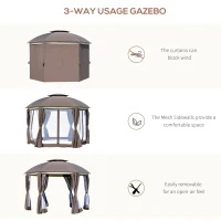 Outsunny 12' x 12' Round Outdoor Gazebo, Patio Dome Gazebo Canopy Shelter with Double Roof, Netting Sidewalls and Curtains, Zippered Doors, Strong Steel Frame, Brown(m-6)