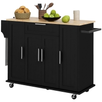 HOMCOM Modern Rolling Kitchen Island Cart with Drawers, Natural Wood Top, Towel Rack, Door Storage Cabinet,  Black