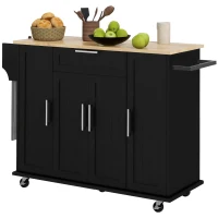 HOMCOM Modern Rolling Kitchen Island Cart with Drawers, Natural Wood Top, Towel Rack, Door Storage Cabinet,  Black(m-1)